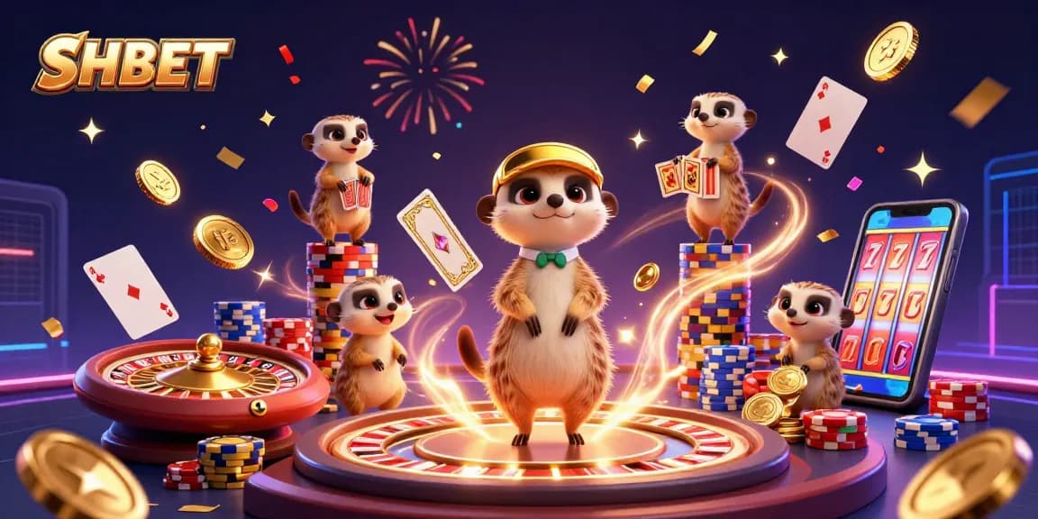 SHBET's lively meerkat casino scene with dynamic games and vibrant visuals capturing thrilling gambling experiences.