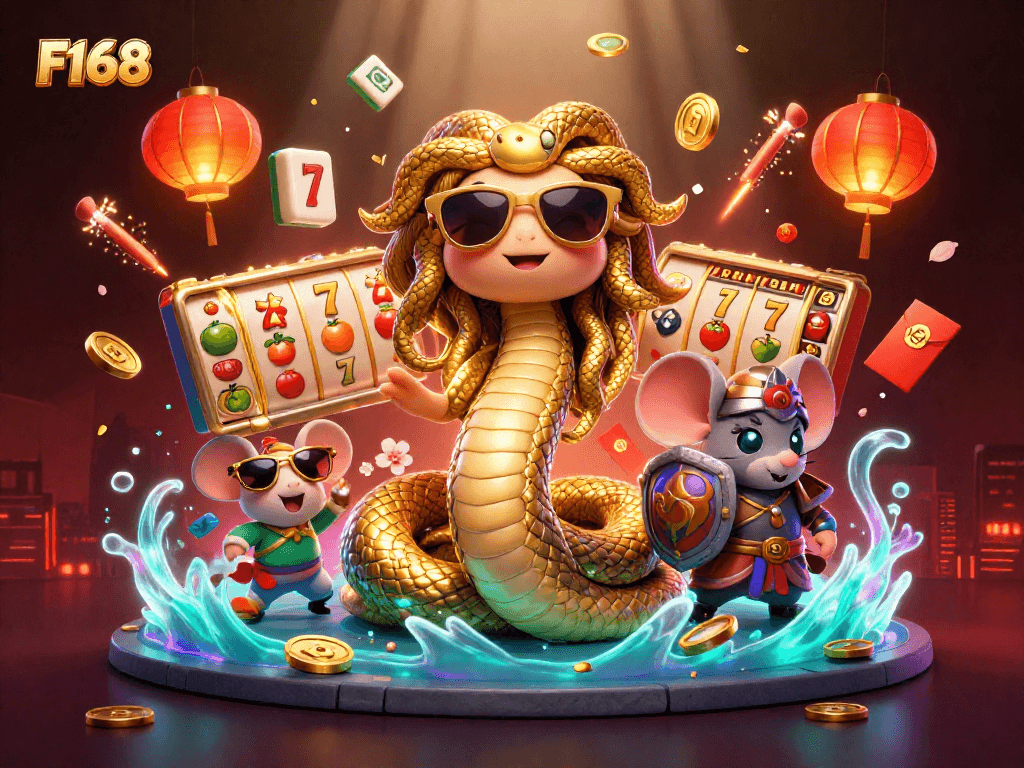 Experience thrilling slots gameplay with F168's vibrant illustration of Medusa and gaming elements.