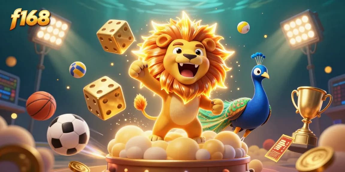 Spin to win big with f168 - A vibrant 3D casino scene featuring a roaring lion and gold dice among dynamic sports elements.