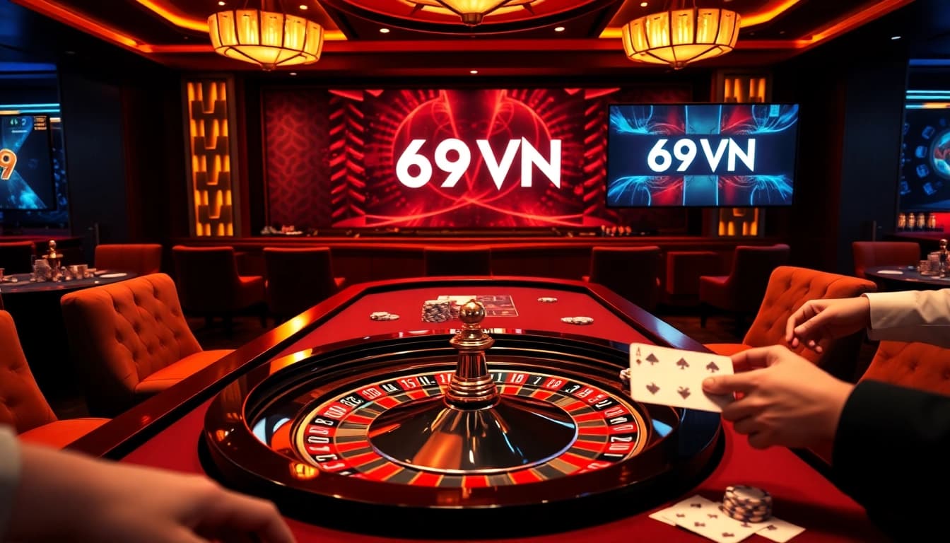 Exciting gaming action at 69VN casino with roulette and poker chips.