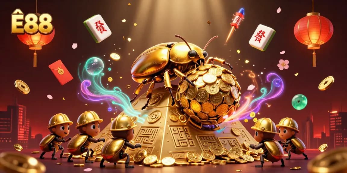 Experience the excitement of Ê88 as a golden beetle rolls coins in this vibrant casino scene.