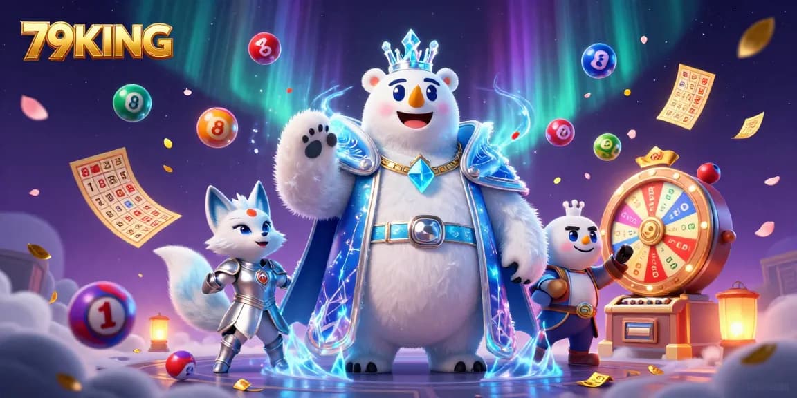 Experience the thrill of 79KING with vibrant lottery elements and animated casino characters.