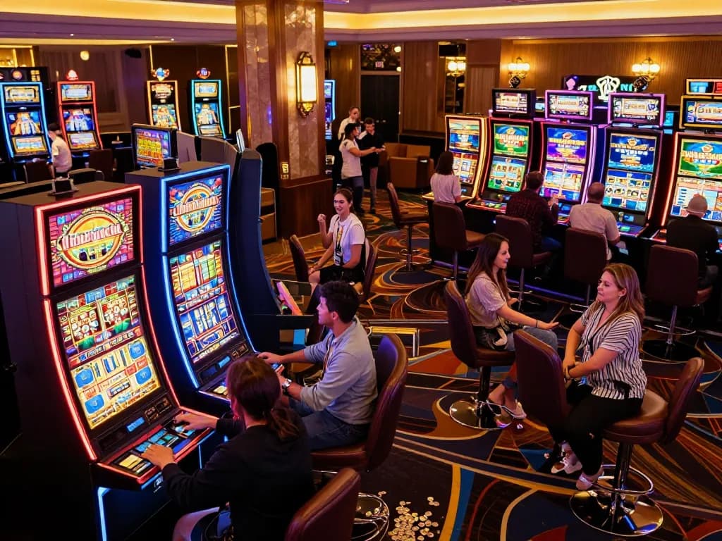 Players enjoying diverse slot machines at man88a casino, reveling in vibrant atmosphere and engaging gaming experience