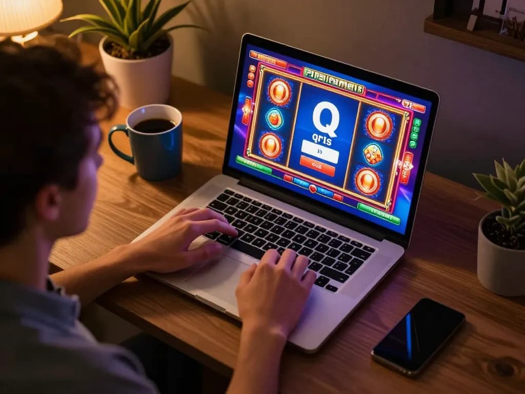 Playing on a laptop, showcasing slot qris payment integration during an engaging online gaming session