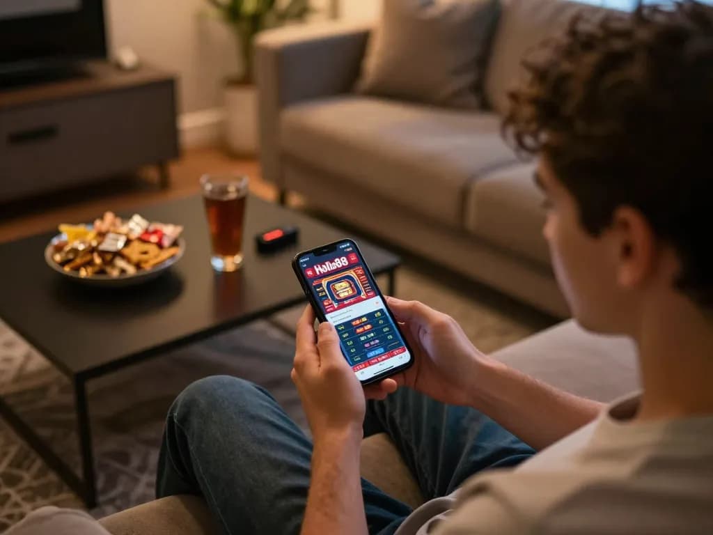Hello88 players engaging in a dynamic gaming session on their mobile app surrounded by snacks and drinks.