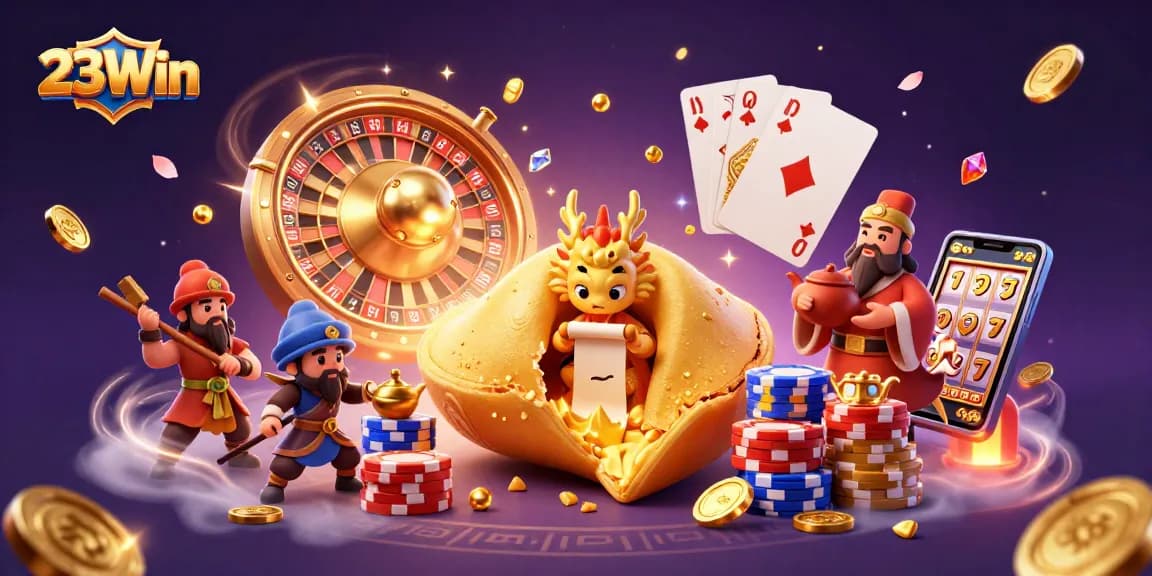 Experience the thrill of 23Win with vibrant gaming elements and golden treasure