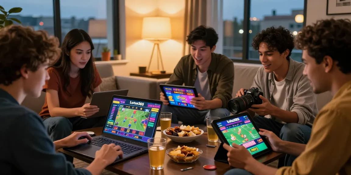 Exciting friends enjoying online gaming on Lotus365 with vibrant visuals in a cozy room.