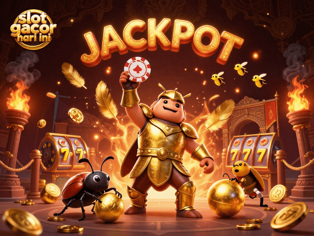 Visualisasi slot gacor hari ini dengan karakter berjaya dan elemen kasino yang penuh warna.
