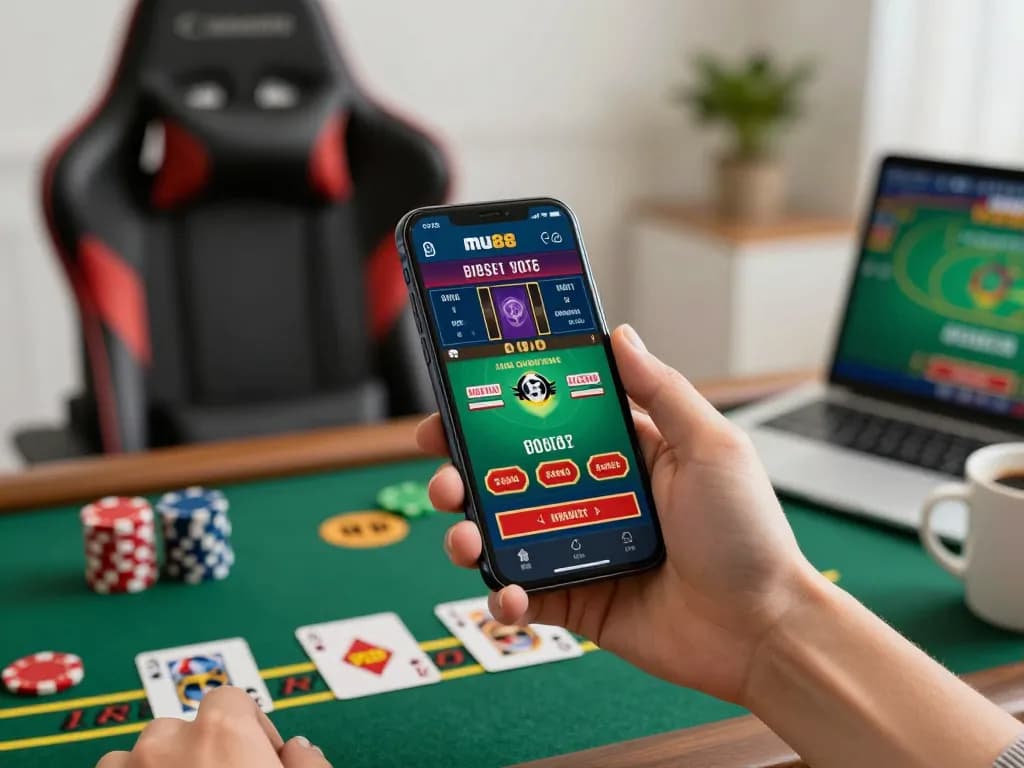 Engaging mu88 online casino moment featuring a smartphone displaying live blackjack game in a cozy home setting.