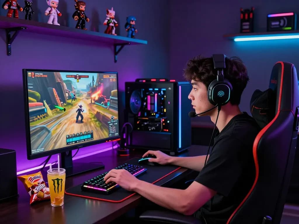 Gamer dalam aksi selama permainan hotplay95 dengan pencahayaan RGB yang cerah dan perlengkapan gaming yang detail.