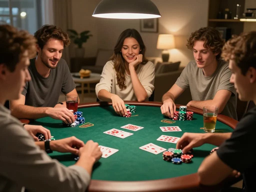 DuckyLuck casino reviews showcased in a friendly poker night setting with players strategizing over cards and chips.