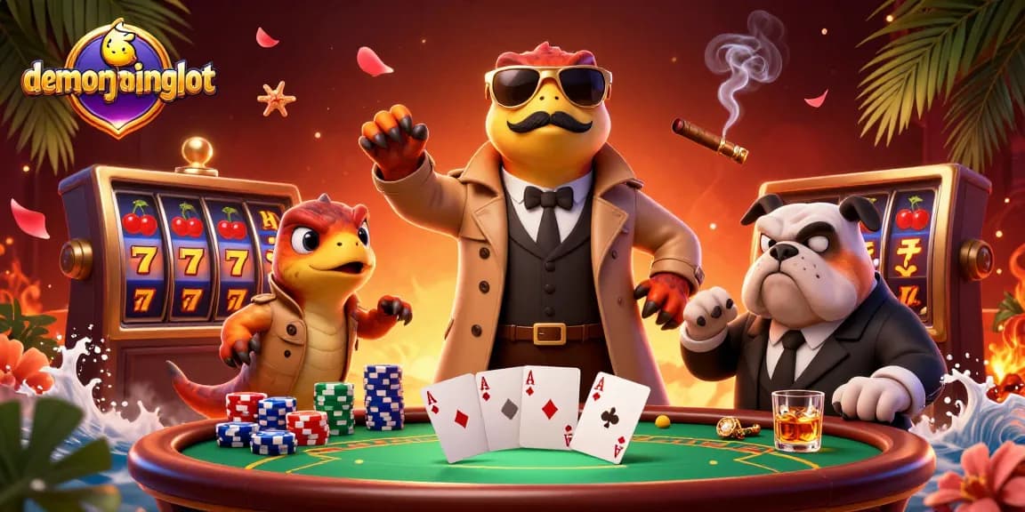 Spin the reels with demomahjongslot's exciting slot game featuring lively cartoon raptors in a casino.