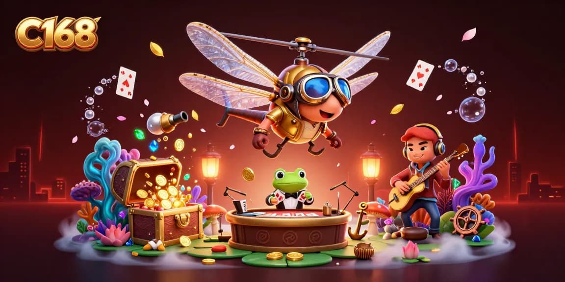 C168 offers exhilarating gaming with a dragonfly pilot, frog croupier, and jazz musicians in a vibrant casino scene.