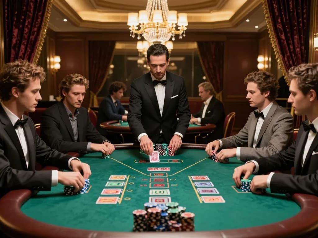 Experience high-stakes blackjack at Hay88 with players focused on winning strategies amidst a luxurious casino setting.