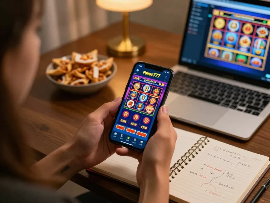 Engaging with Fokus777 mobile app for responsible gaming in a cozy home setting.