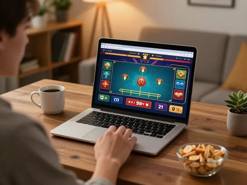 Pemain di kasino online westsrestaurant, fokus pada laptop untuk permainan taruhan strategis.