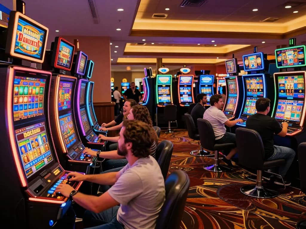 Players enjoying vibrant Da88 slot machines in an exciting casino lobby atmosphere