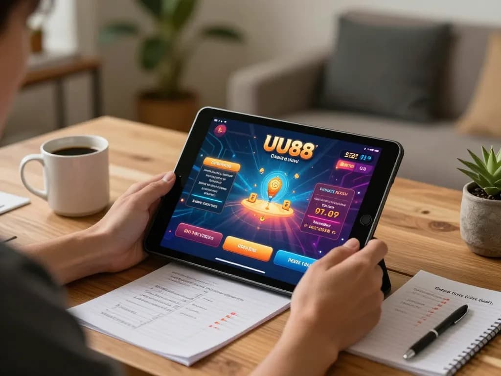 Engaging scene of a user playing UU88 on tablet, showcasing a modern betting atmosphere.