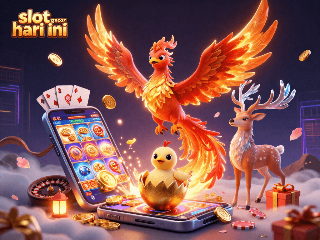 Slot gacor hari ini, ilustrasi 3D menampilkan phoenix berapi dan permainan slot menarik