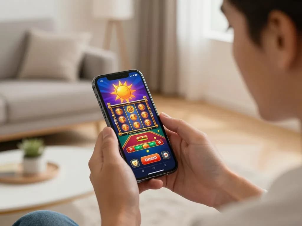 Player engaging with the sun win mobile casino app, enjoying dynamic gameplay from a stylish home setting.