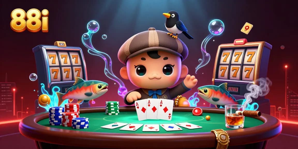 Join the fun at 88i with vibrant casino elements and playful characters in a dynamic illustration.
