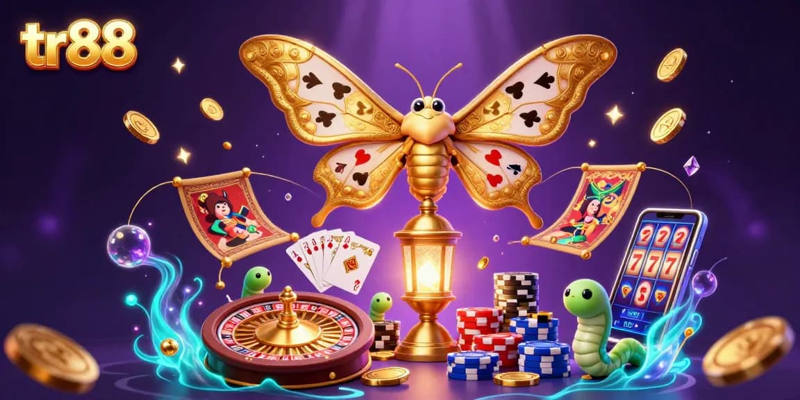 Experience the excitement of tr88 with an enchanting scene of a golden butterfly and casino elements.