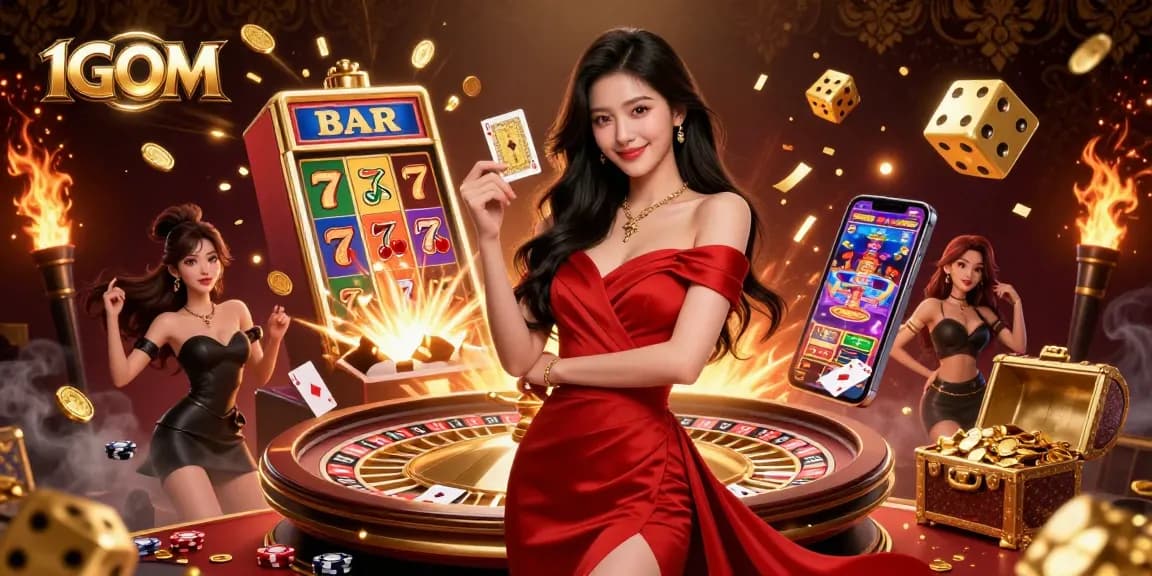 Engage in thrilling gameplay with 1GOM, featuring a glamorous lady showcasing a golden card beside a roulette wheel.