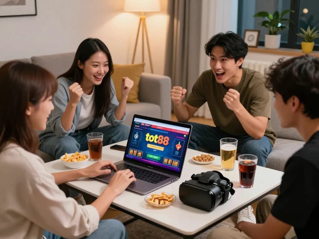 Friends enjoying online gaming and betting experience on tot88 in a cozy living room.