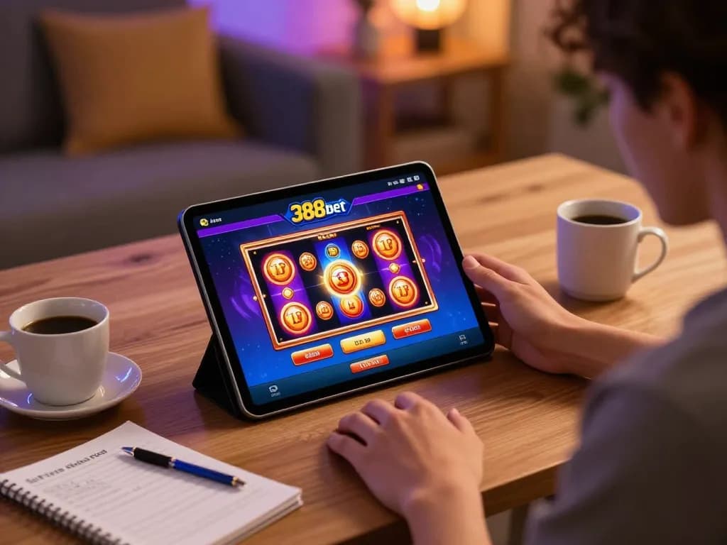 Experience thrilling gameplay at 388bet with a person enjoying online slots on a tablet.