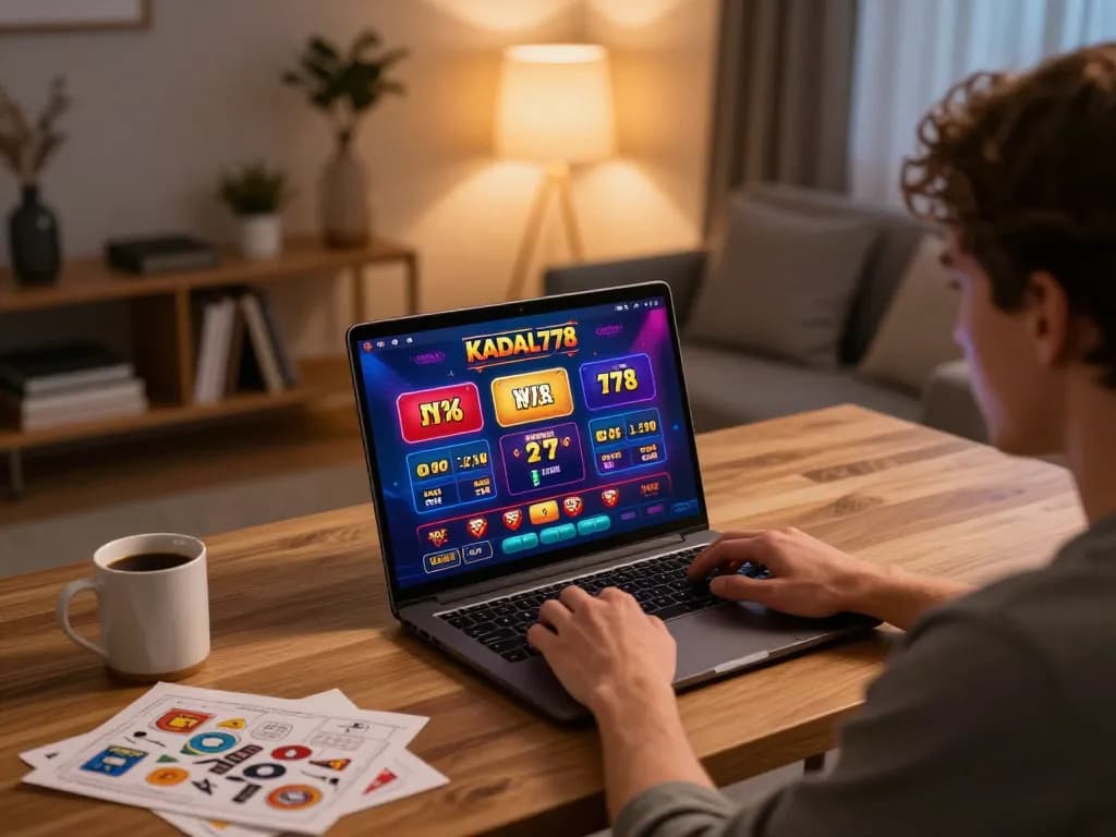 KADAL778 player enjoying online casino games on a laptop in a cozy home setting.