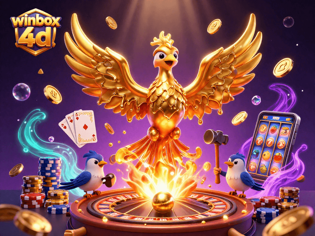 Experience winbox 4d fun with a golden phoenix amid cascading coins and vibrant casino elements