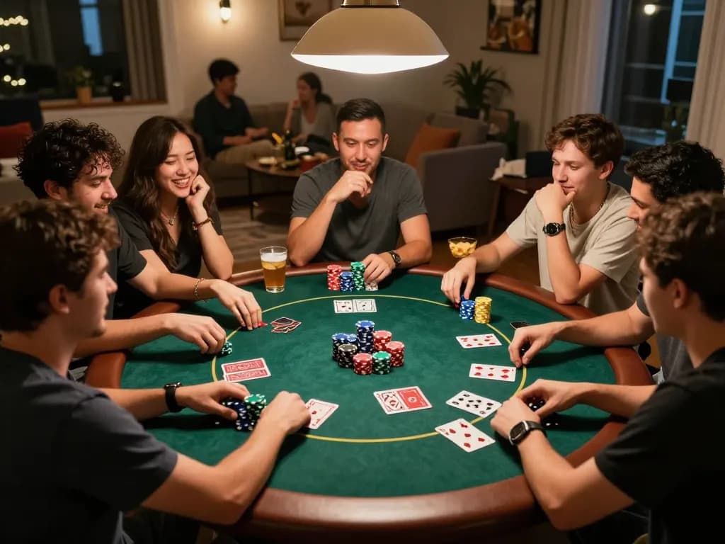 Friends enjoying a lively poker game at home, showcasing W4U's engaging gaming atmosphere with vibrant chips and cards.