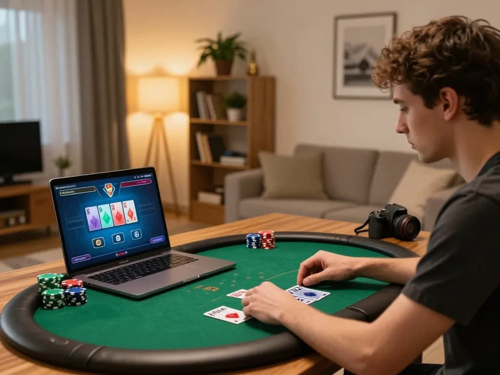 Engaged player experiencing online poker at home with viral88 interface, highlighting strategy and focus