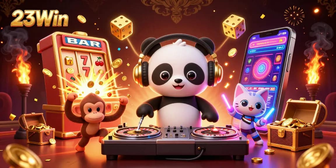 Experience thrilling gaming action at 23Win Casino with DJ panda and vibrant characters.
