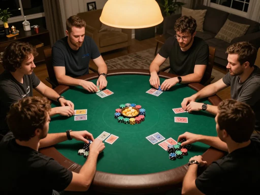 Players enjoying a winner's night at Hello88 poker game, strategizing over cards and chips