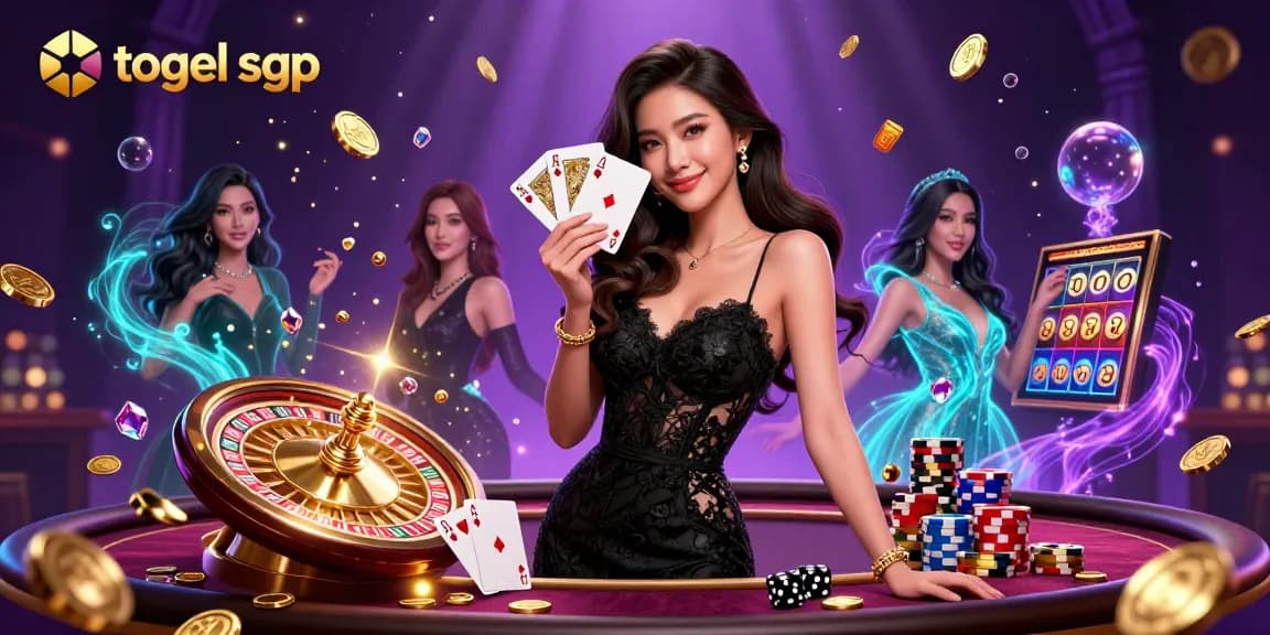 Engage in togel sgp action with a stunning woman holding aces amidst casino excitement.