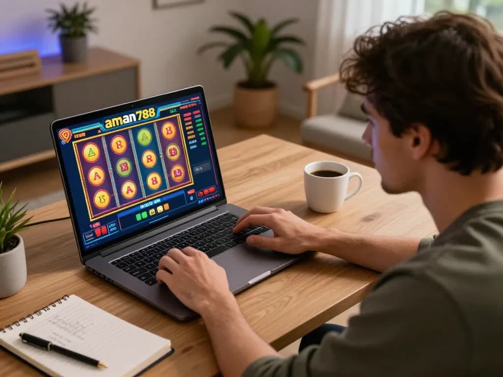 Player enjoying slots on aman788 in a cozy home setting, surrounded by gaming notes and coffee.