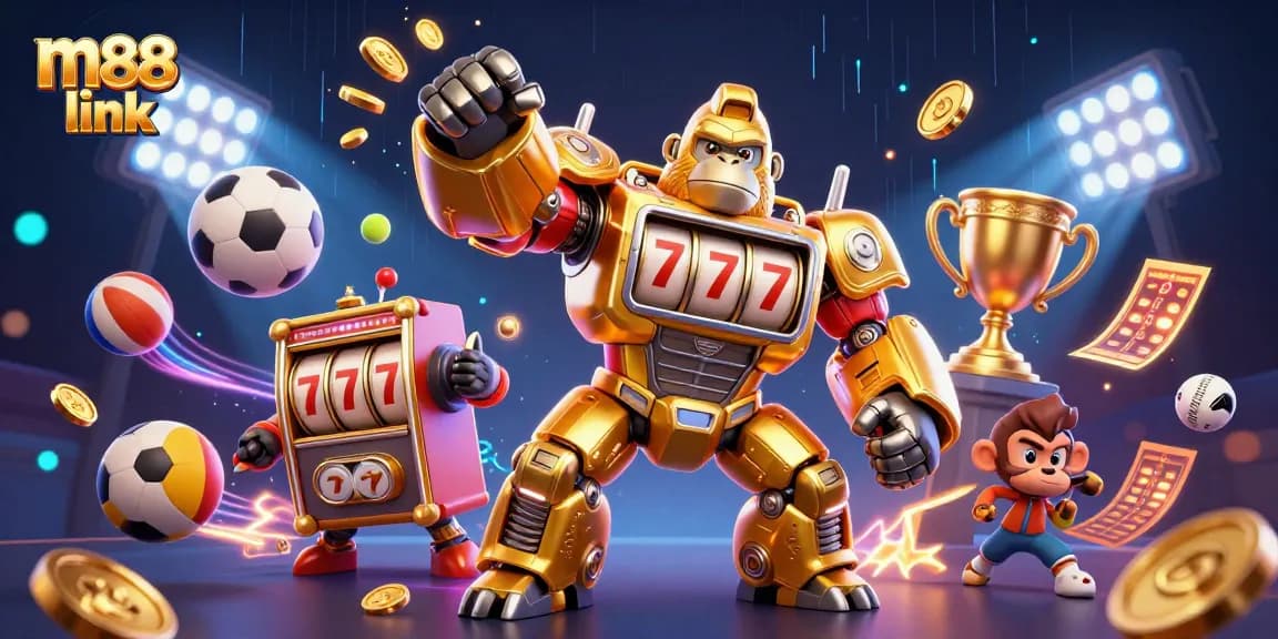 Engage with m88 link for exciting sports betting dynamics featuring a golden mech and coins.