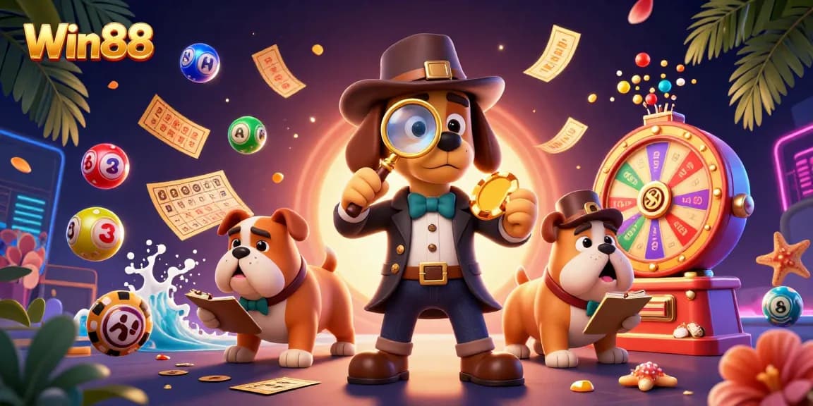 Win88 detective and bulldog discover treasures amidst lottery and casino elements