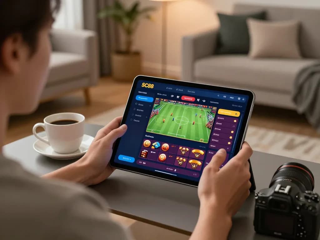 Player enjoying SC88 casino games on a tablet at home, showcasing engaging online experience.