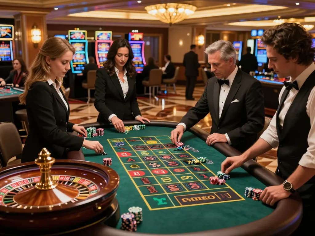 Pfly88 players enjoy an intense roulette experience on a vibrant casino floor with professional croupier.