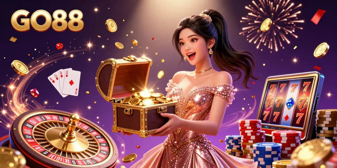Experience the excitement of GO88 as the stunning Asian woman unveils treasures in a vibrant casino scene.