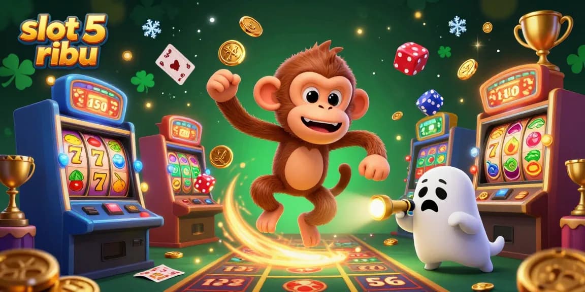 Experience the thrill of slots as a mischievous poltergeist monkey juggles coins in a haunted casino, highlighting slot 5 ribu.