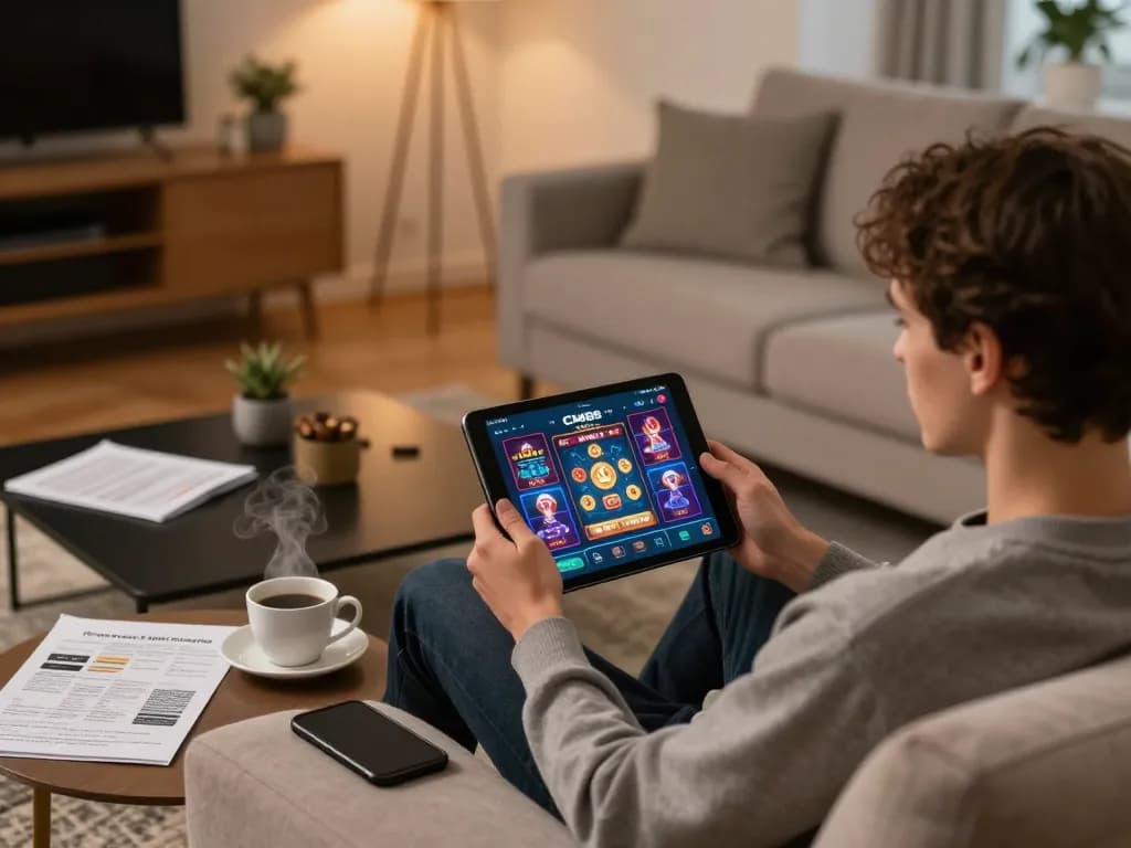 Engaging with CM88 casino app on tablet in a cozy home gaming setup