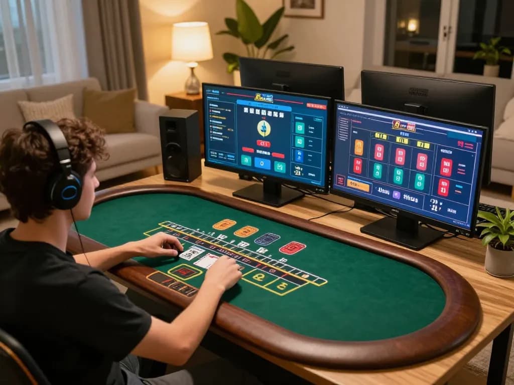 Player enjoying an immersive gaming experience with f8betlv on a laptop, surrounded by stylish decor.