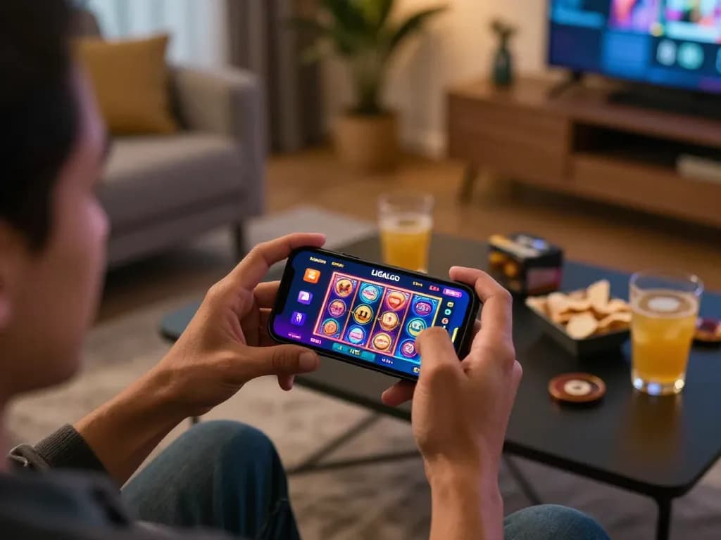 LIGALGO gaming experience with a player engaging on a smartphone in a cozy home setting
