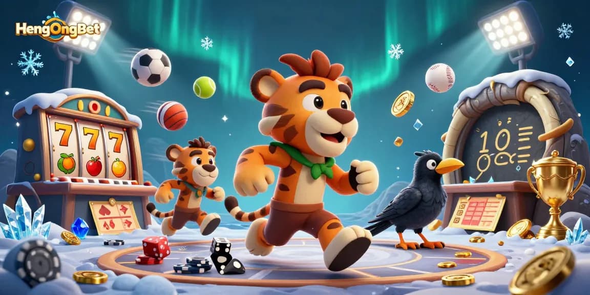 HengOngBet casino features vibrant 3D characters in a lively gambling scene with slot and sports elements.