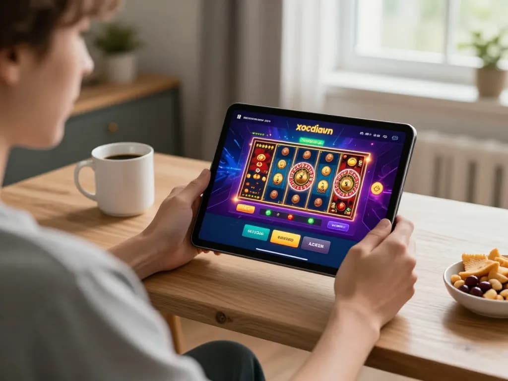 Engaging in xocdiavn online gaming, person with tablet in modern workspace enjoying slots gameplay.