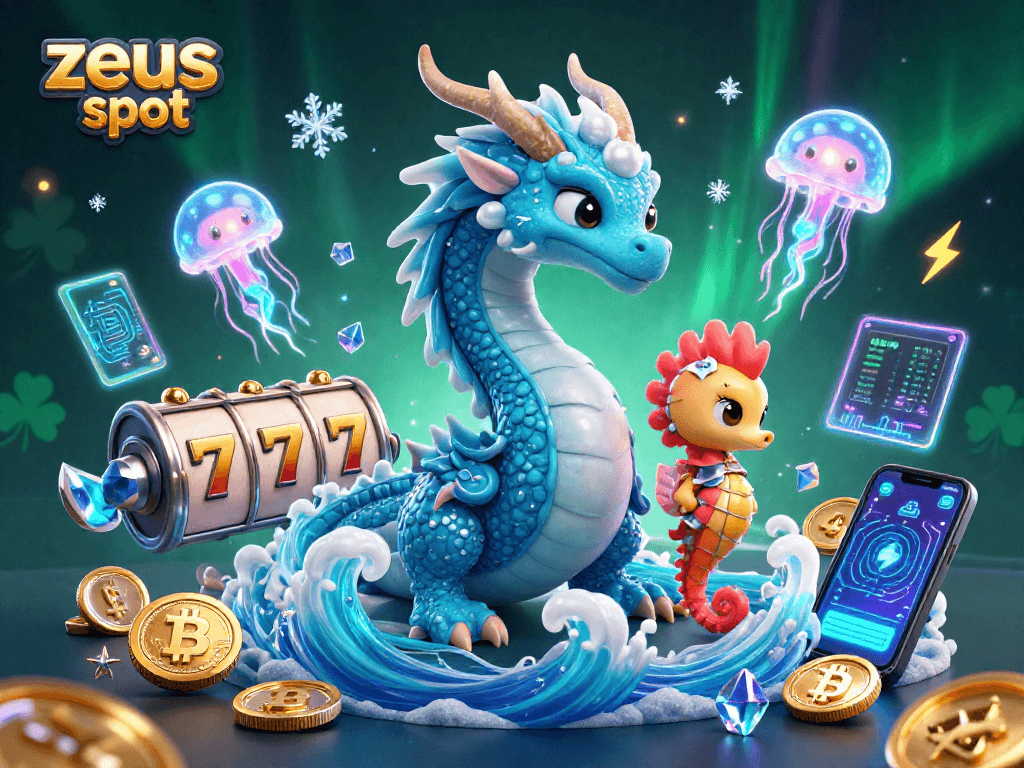 Play zeus slot with a dynamic illustration featuring a dragon and glowing elements.