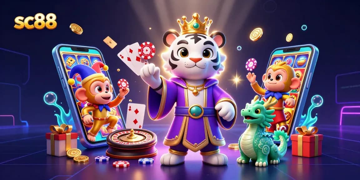 Experience thrilling wins with sc88 in a vibrant casino scene featuring playful characters and dynamic game elements.